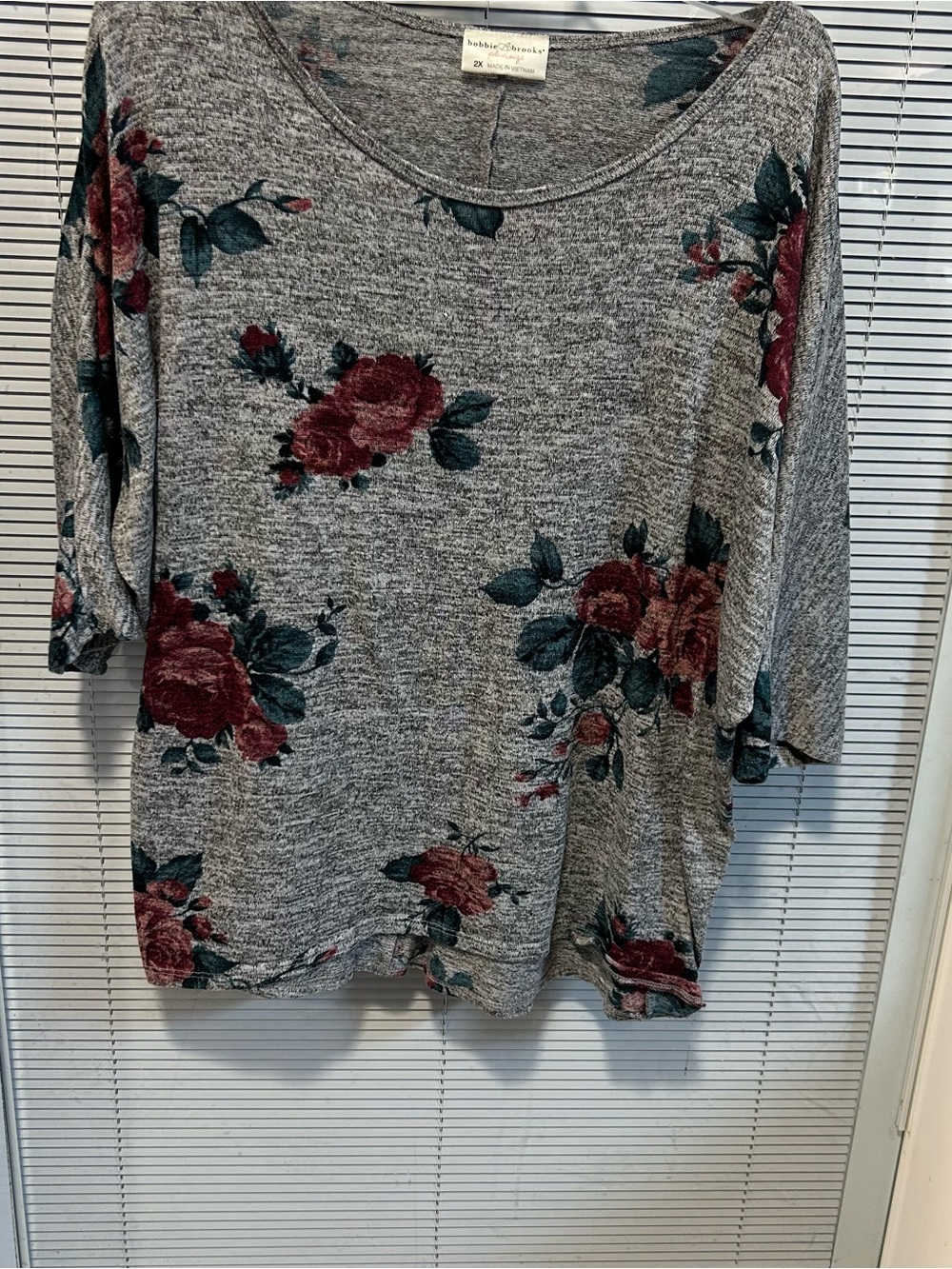 Bobbie Brooks Heather Gray Long Sleeve Floral Top with Burgundy Roses
